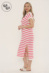 Oversized V Neck Cap Sleeve Knitted Midi Dress in White/Pink