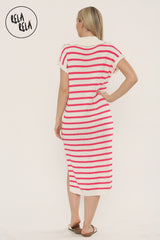 Oversized V Neck Cap Sleeve Knitted Midi Dress in White/Pink