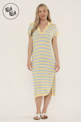Oversized V Neck Cap Sleeve Knitted Midi Dress in Yellow/Blue