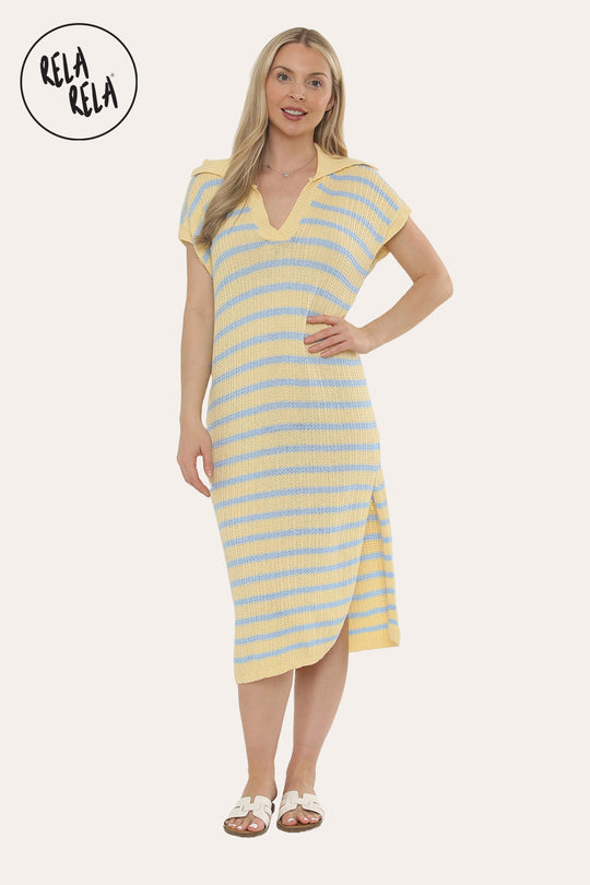 Oversized V Neck Cap Sleeve Knitted Midi Dress in Yellow/Blue