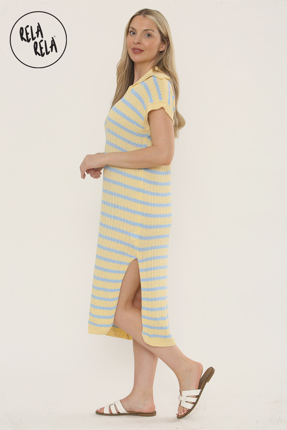 Oversized V Neck Cap Sleeve Knitted Midi Dress in Yellow/Blue Oversized V Neck Cap Sleeve Knitted Midi Dress in Yellow/Blue