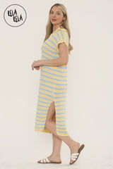 Oversized V Neck Cap Sleeve Knitted Midi Dress in Yellow/Blue