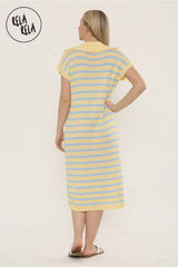 Oversized V Neck Cap Sleeve Knitted Midi Dress in Yellow/Blue