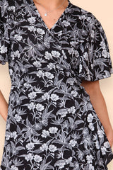 Floral Frill Wrap Midi Dress in Black detailed