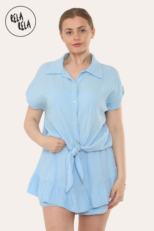 Short Sleeve Tie Front Shirt & Elastic Waist Frill Hem Shorts Cheesecloth Lounge Co-Ord Set in Baby Blue