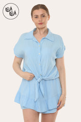 Short Sleeve Tie Front Shirt & Elastic Waist Frill Hem Shorts Cheesecloth Lounge Co-Ord Set in Baby Blue