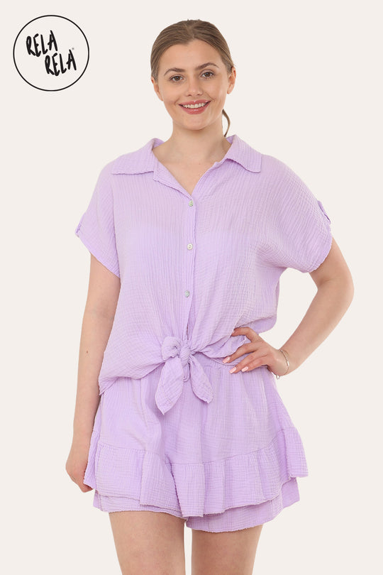 Short Sleeve Tie Front Shirt & Elastic Waist Frill Hem Shorts Cheesecloth Lounge Co-Ord Set in Lilac