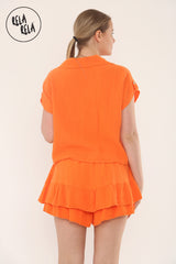 Short Sleeve Tie Front Shirt & Elastic Waist Frill Hem Shorts Cheesecloth Lounge Co-Ord Set in Orange