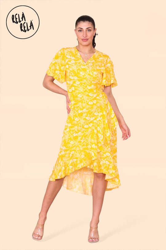 Floral Frill Wrap Midi Dress in Yellow