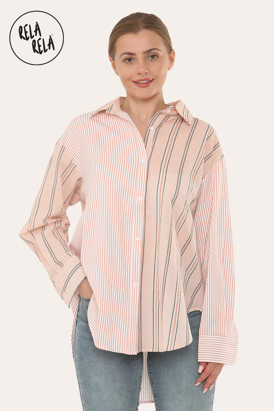 Mix Stripe Oversized Shirt in Pink