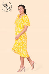 Floral Frill Wrap Midi Dress in Yellow side