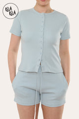 Fine Rib Button Up Short Sleeve Top And Shorts Two Piece Loungewear Set in Baby Blue