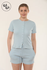 Fine Rib Button Up Short Sleeve Top And Shorts Two Piece Loungewear Set in Baby Blue