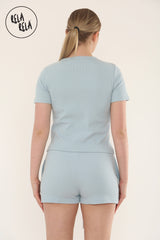 Fine Rib Button Up Short Sleeve Top And Shorts Two Piece Loungewear Set in Baby Blue