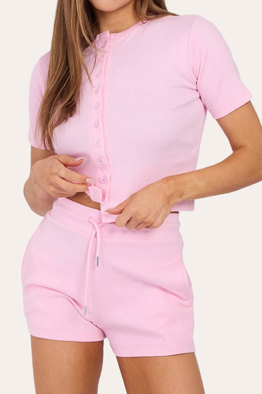 Fine Rib Button Up Short Sleeve Top And Shorts Two Piece Loungewear Set in Baby Pink
