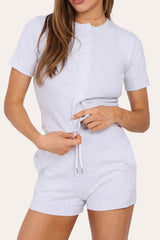 Fine Rib Button Up Short Sleeve Top And Shorts Two Piece Loungewear Set in Bleach Grey