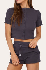Fine Rib Button Up Short Sleeve Top And Shorts Two Piece Loungewear Set in Slate Grey