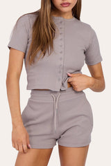 Fine Rib Button Up Short Sleeve Top And Shorts Two Piece Loungewear Set in Dove Grey