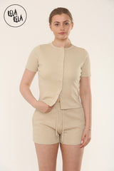 Fine Rib Button Up Short Sleeve Top And Shorts Two Piece Loungewear Set in Oatmeal