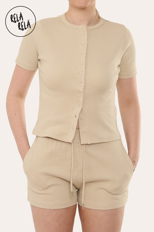Fine Rib Button Up Short Sleeve Top And Shorts Two Piece Loungewear Set in Oatmeal