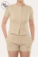 Fine Rib Button Up Short Sleeve Top And Shorts Two Piece Loungewear Set in Oatmeal