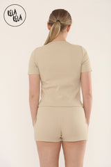 Fine Rib Button Up Short Sleeve Top And Shorts Two Piece Loungewear Set in Oatmeal