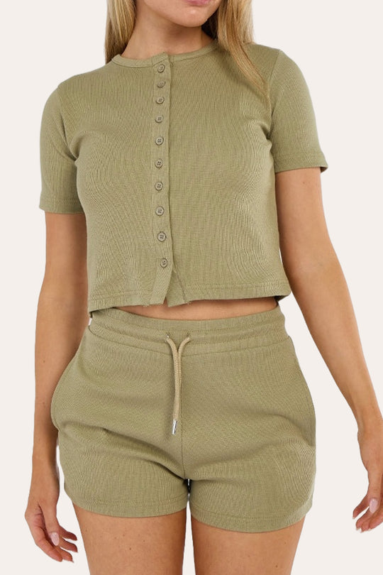 Fine Rib Button Up Short Sleeve Top And Shorts Two Piece Loungewear Set in Sage