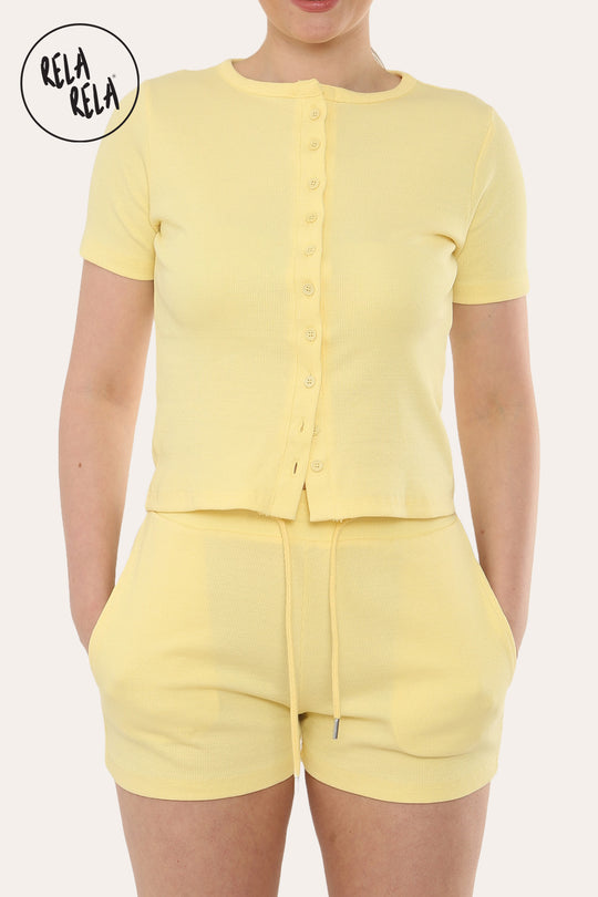 Fine Rib Button Up Short Sleeve Top And Shorts Two Piece Loungewear Set in Yellow