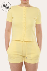 Fine Rib Button Up Short Sleeve Top And Shorts Two Piece Loungewear Set in Yellow