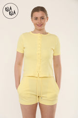 Fine Rib Button Up Short Sleeve Top And Shorts Two Piece Loungewear Set in Yellow