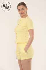 Fine Rib Button Up Short Sleeve Top And Shorts Two Piece Loungewear Set in Yellow