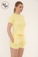 Fine Rib Button Up Short Sleeve Top And Shorts Two Piece Loungewear Set in Yellow