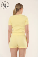 Fine Rib Button Up Short Sleeve Top And Shorts Two Piece Loungewear Set in Yellow
