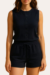 Fine Rib Button Up Sleeveless Top And Shorts Two Piece Loungewear Set in Black