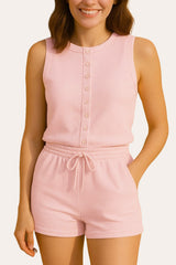 Fine Rib Button Up Sleeveless Top And Shorts Two Piece Loungewear Set in Baby Pink