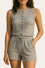 Fine Rib Button Up Sleeveless Top And Shorts Two Piece Loungewear Set in Dove Grey