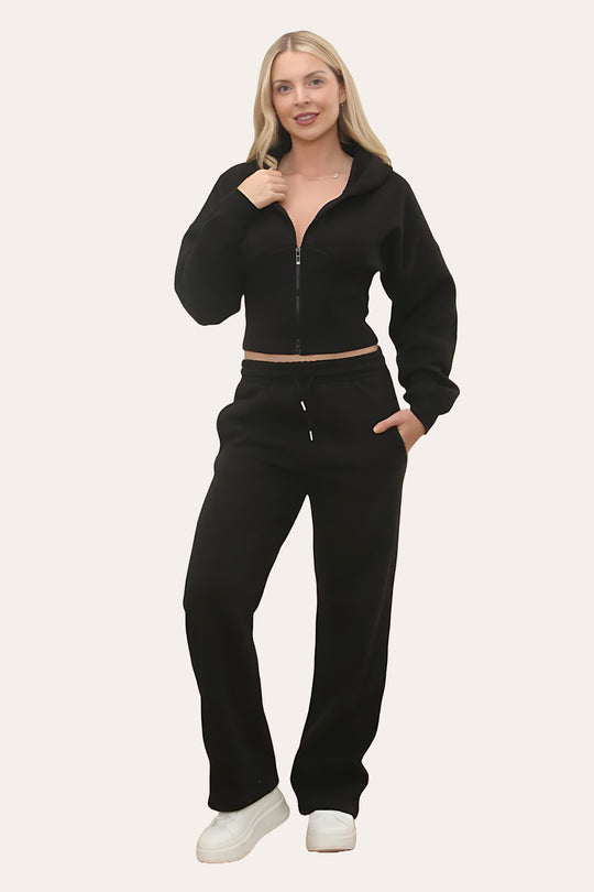 Zipped High Waist Hoodie & Jogger Co-Ord Tracksuit Set in Black