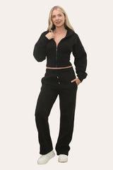 Zipped High Waist Hoodie & Jogger Co-Ord Tracksuit Set in Black