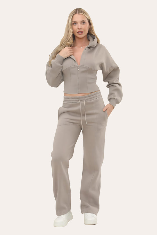 Zipped High Waist Hoodie & Jogger Co-Ord Tracksuit Set in Dove Grey
