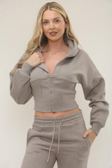Zipped High Waist Hoodie & Jogger Co-Ord Tracksuit Set in Dove Grey