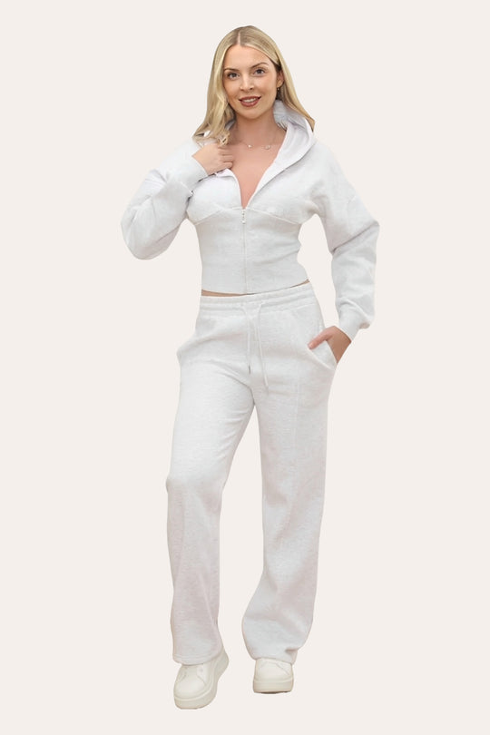 Zipped High Waist Hoodie & Jogger Co-Ord Tracksuit Set in Bleach Grey