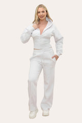 Zipped High Waist Hoodie & Jogger Co-Ord Tracksuit Set in Bleach Grey