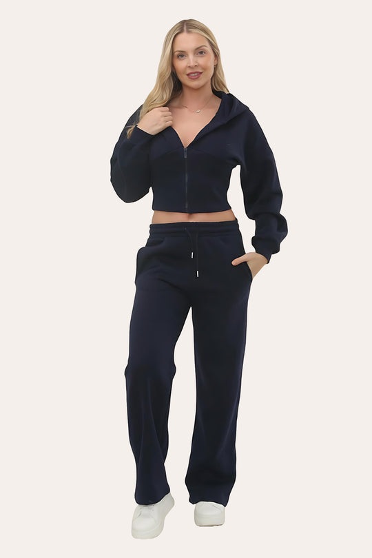 Zipped High Waist Hoodie & Jogger Co-Ord Tracksuit Set in Navy