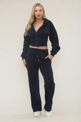 Zipped High Waist Hoodie & Jogger Co-Ord Tracksuit Set in Navy