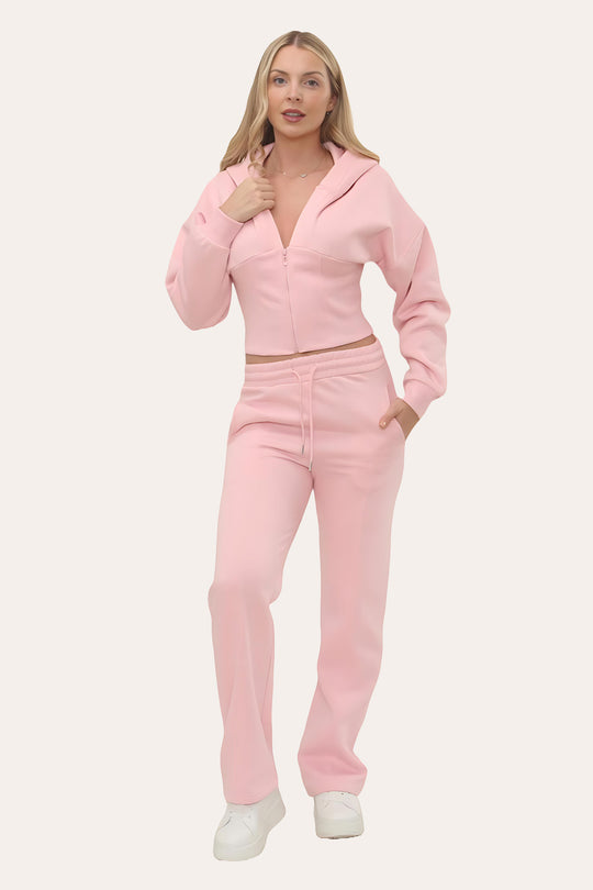 Zipped High Waist Hoodie & Jogger Co-Ord Tracksuit Set in Pink