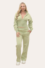 Zipped High Waist Hoodie & Jogger Co-Ord Tracksuit Set in Sage Green