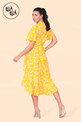 Floral Frill Wrap Midi Dress in Yellow back