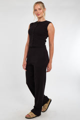 Soft Rib Sleeveless Top with Trousers Co-Ord Set in Black