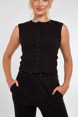 Soft Rib Sleeveless Top with Trousers Co-Ord Set in Black