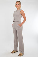 Soft Rib Sleeveless Top with Trousers Co-Ord Set in Dove Grey